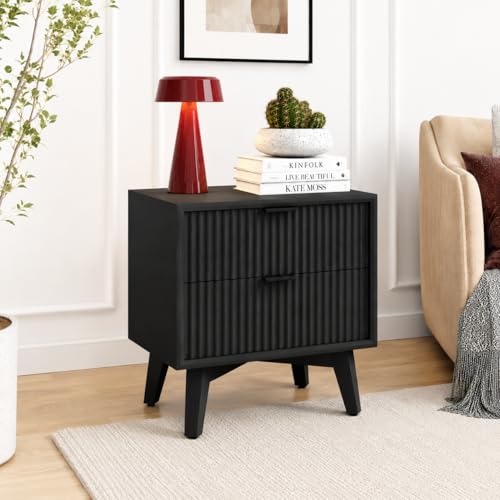Image of Wooden Bedside Table for Luxury Bedroom | Wooden Bed Side Nightstand Lamp Table with 2 Drawers Storage | Premium Wood Side Table for Living Room, Home & Office | Fluted- Black Finsih