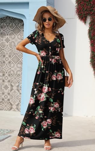 Image of GRECERELLE Womens Summer Long Maxi Dresses 2026 Short Sleeve V Neck Casual Button Dress with Pockets
