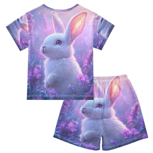 ALAZA Easter Rabbit Bunny Lavender Flower Pajamas Set Short Sleeve Cotton Sleepwear Summer Pjs 2 Piece 5-14Y2