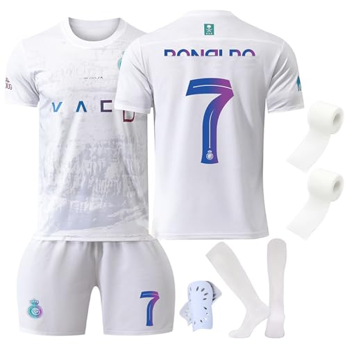Conjunto de Fútbol de Jersey para Niños Blanco con Camiseta y Pantalones Cortos, Vendaje de Retención, Nro. 7 Camiseta de Fútbol para Niño y Niña(Talla 28)