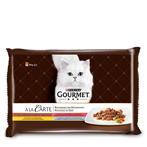 Purina GOURMET a la Carte Raffinessen des Küchenchefs Katzenfutter, Sardine, Ente, Geflügel, Forelle, 48er Pack (12 x 4 x 85 g beutel)