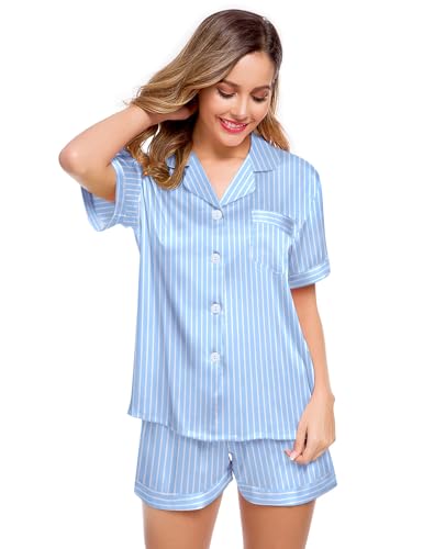 Image of LecGee Womens Silk Satin Pajamas Short Sleeve Loungewear Two-Piece Sleepwear Button-Down Pj Set