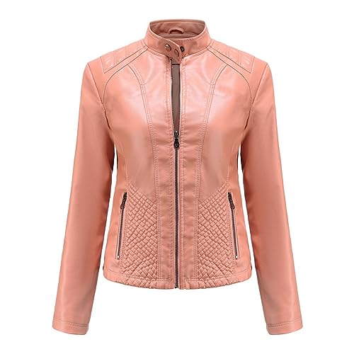 Veste simili cuir femme col montant blouson motard vintage slim rose taille L