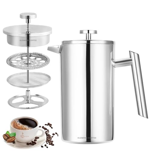 KLEMING COFFEE | Cafeteira de Prensa Francesa com Parede Dupla em Aço Inoxidável, 700 ml, Térmica, 60 MinutosTempo de Preservação do Calor, Filtragem Perfeita, Aço Inox 304, Prata.