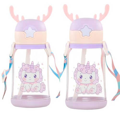 Image of Antlers Water Bottle for Kids 600ml BPA Free | Soft Silicone Sipper Transparent Bottle for Boys & Girls | Reusable Leak Proof with Strap for School, Sports, Travel & Outdoor Use - Pack of 2(Purple)