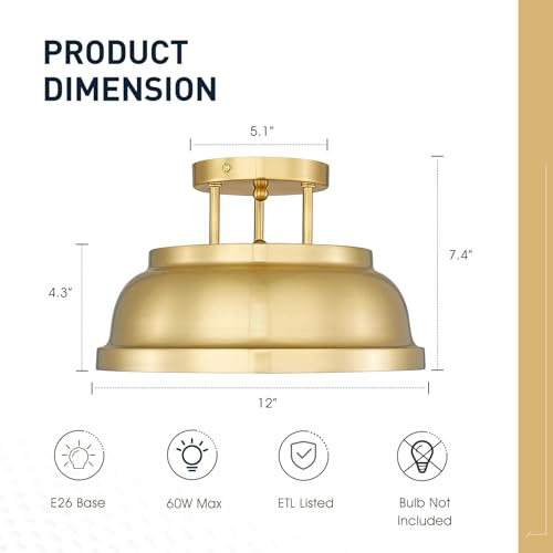 Image of zeyu 2-Light Vintage Flush Mount Light Fixture, Semi Flush Ceiling Light Fixture for Bedroom Kitchen, Metal Dome Shade in Brushed Gold Finish, ZY29-F BG