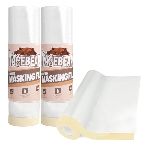 Image of TAPEBEAR Pre-Taped Masking Film 9feet x 90feet Plastic Cover for Painting | Tape and Drape Plastic Sheeting, Painters Masking Tape Film for Automotive Floor Appliance Furniture, 3Rolls