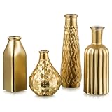 Glasseam Gold Vase for Flowers: Small Glass Vases for Living Room Kitchen Table Centerpieces, 4 Aesthetic Decorative Golden Modern Home Decor for Floral