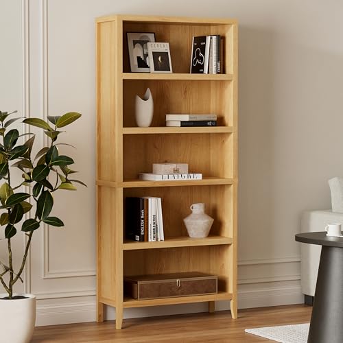 Image of EYYTHUNG 71 inch Tall Bookshelf, 5 Tiers Farmhouse Floor Standing Display Storage with Adjustable Shelf, Wooden Open Bookcase Home Decor Organizer, Large Modern Book Storage Shelf, Natural Oak