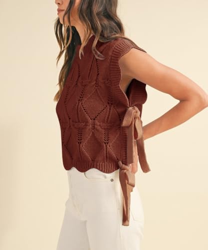 Image of Women Side Tie Sweater Vest Scallop Trim Mock Neck Knit Vest Bow Lace Up Ribbon Sweater Tank Top Knitwear