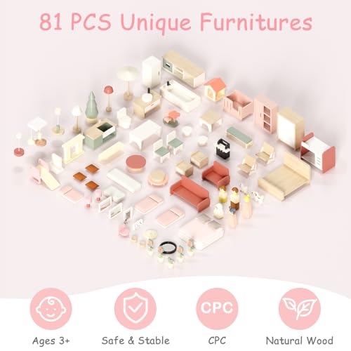 Fabuday Modern Wooden Dollhouse for Kids Girls - 8 Rooms Doll House Playset, DIY Pretend Toy Play Houses Kits with 81 Pcs Furniture Accessories, Dolls & Pets, Gift for Toddlers Ages 3+