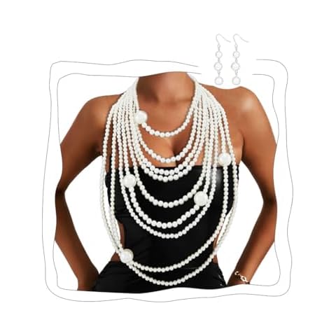 Florry Pearl Body Chains Long Layered Necklace with Earrings Pearl Body Jewelry for Women (B) Cover