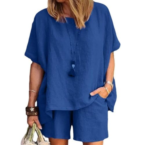 Linen Short Sets for Women 2 Piece Cotton Linen Beach Outfits Crewneck Oversized T-Shirt and Shorts Sets