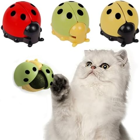 HNQTJJS 3 Pcs Catnip Toys Balls That Stick on Wall,Cat Toy Ball, Catnip Wall Balls for Cats Lick,Cat Face Scratchers, Cat self Groomer for Indoor Cats, (3-Color, Ladybug) Cover