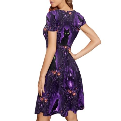 Image of POLERO Women Puffy Swing Elegant Party Midi Dresses Short Sleeve Round Neck A-Line Dress