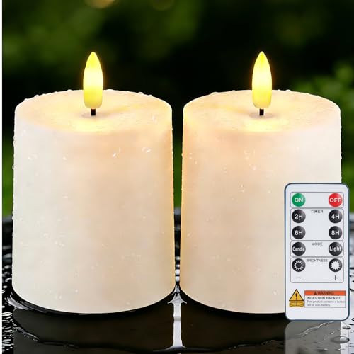 Image of Raycare 3 inchx3.5 inch White Outdoor Waterproof Flameless Candles with Remote and Timer, Realistic LED Candles, Battery Operated Electric Fake Pillar Candles for Porch, Patio, Garden, Set of 2