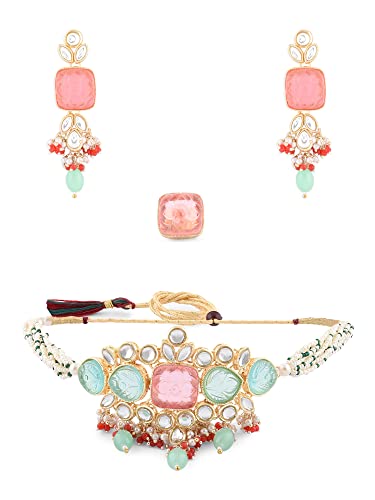 ZAVERI PEARLS Multicolor Stones & Beads Multistrand Beaded Kundan Choker Necklace Earring & Ring Set For Women-ZPFK15092 ZAVERI PEARLS Multicolor Stones & Beads Multistrand Beaded Kundan Choker Necklace Earring & Ring Set For Women-ZPFK15092