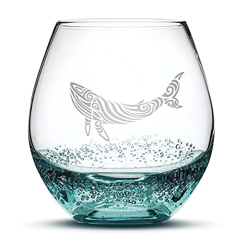Integrity Bottles Tribal Whale Design Stemless Wine Glass, Handmade, Handblown, Hand Etched Gifts, Sand Carved, 18oz (Bubbly Teal)