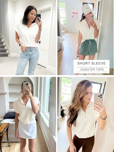 Langwyqu Womens Short Sleeve Cropped Knit Tops Half Zip Cap Sleeve Lightweight Oversized Sweater Vest4