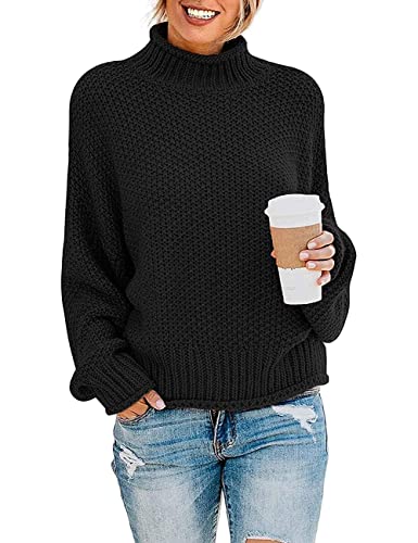 DEARCASE Mujeres Jersey de Cuello Alto Estilo murciélago Manga Larga Jersey Suelto de Punto Tops...