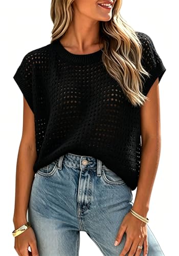 Image of Womens Crochet Tops Cap Sleeve Summer Sweater Crew Neck Beach Cover Ups Lightweight Knit Pullover