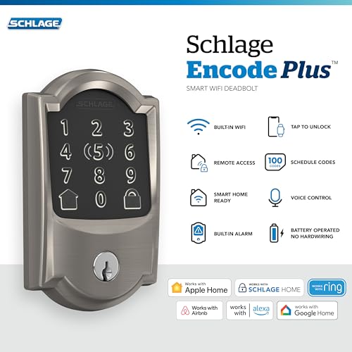 Image of Schlage Encode Plus Smart Wi-Fi Lock for Front Door, Keyless Entry Deadbolt, Unlock with Apple Watch, Built-in WiFi and App Control, Easy Install, Alexa & Apple HomeKit Compatible, Satin Nickel