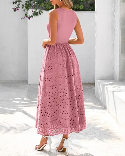 Image of dowerme Women Summer Dresses 2026 Casual Sleeveless Crewneck A-Line Boho Lace Eyelet Cotton Tank Maxi Dress with Pockets