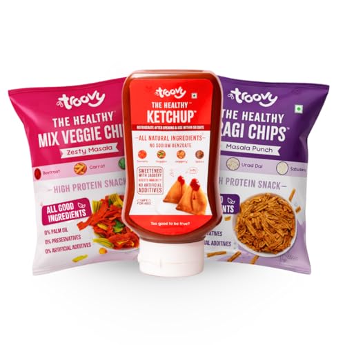Image of Troovy Healthy Snack & Dip Value pack 3-in-1 | Tasty & High Protein Snacks | 30% Of Protein Needs | No Palm Oil, Cholesterol or Trans Fats | No Junk & Chemicals | Mix Vegetable chips x 1 (70gm) | Ragi Chips x 1 (70gm) | Tomato Ketchup x 1 (340gm)