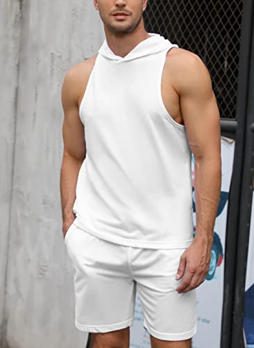 Turetrendy Men's Tracksuit 2 Piece Sleeveless Hooded Workout Tank Top And Shorts Casual Athletic Sports Hoodie Shorts Set White Xl #TOP1