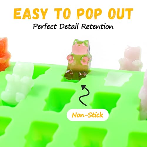 Image of Gummy Candy Chocolate Molds - Silicone Mini Gummy Bear /Dinosaur /Fruit Snack Molds with 2pcs Dropper, Non-stick for Candy Chocolate Gummies Baking