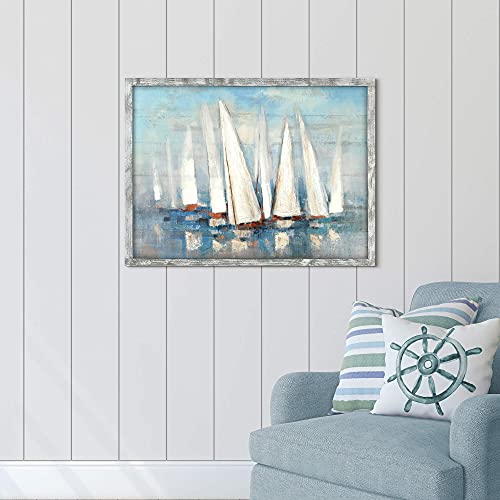 Coastal Framed Painting Wall Art: Abstract Ocean Artwork Seascape Picture Sailboat Prints on Wood in Modern Style for Bedroom 32"x24" - Image 4