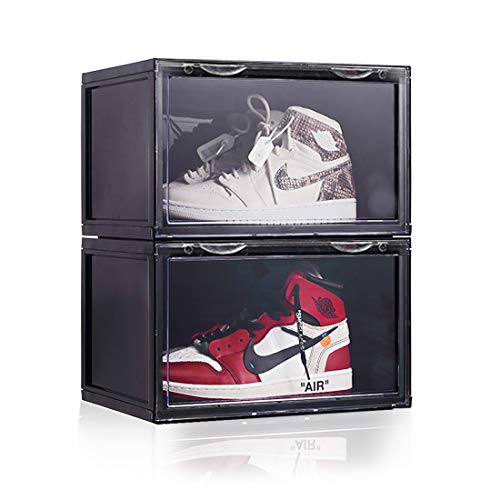 Oncci - Caja de plástico con puerta transparente HD para zapatos (36 x 28 x 22 cm, para zapatos hasta la talla 46), color negro