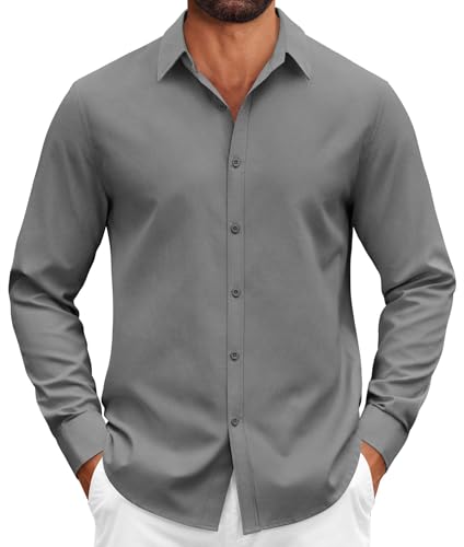 COOFANDY Mens Button Up Shirts Long Sleeve Work Shirts for Men Wrinkle Free Shirt Dark Grey