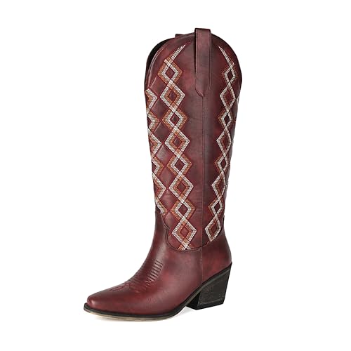 Cowboy Boots for Women Mid Calf Cowgirl Boots Western Chunky Heel Boot Argyle Pattern