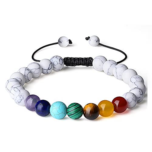 Xiannvxi White Turquoise Bracelet 7 Chakra Healing Crystal Stone Beaded Bracelet Natural Gemstone Beads Reiki Yoga Meditation Anxiety Quartz Adjustable Braided Bracelets #TOP5