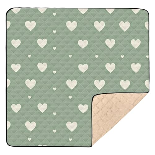 BOESI Doodle Green Heart Baby Play Mat, 50“ X 50” Washable Folding Crawling Mat, Baby Floor Mat, Soft, Thick, Non-Slip