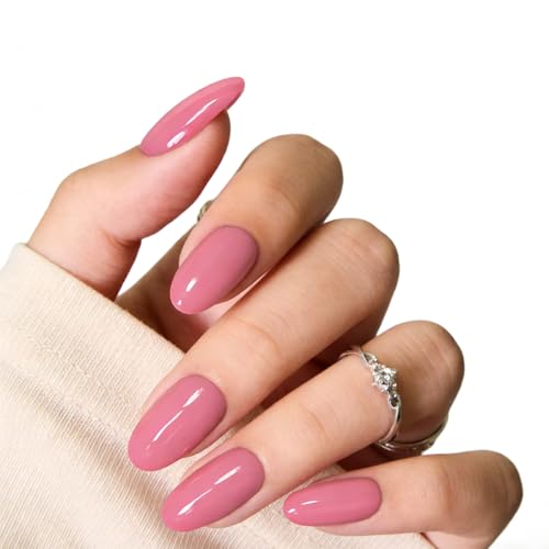 Baby Pink Press on Nails Medium Almond Acrylic Fake Nails, Valentines Solid Color False Nails Set with Varied Sizes for Women Daily Wear