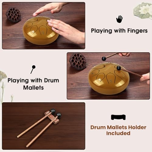 Image of HASTHIP 6-inch Steel Tongue Drum 8 Note, Percussion Instrument Handpan Drum with Bag, Music Book and Mallets for Kids and Adults Meditation Musical Education Concert Mind Healing Yoga (Gold)