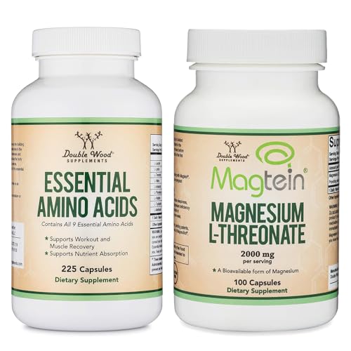 Double Wood Supplements Essential Amino Acids 1 Gram Serving (225 Capsules), Magnesium L Threonate 2000mg Serving (100 Capsules)