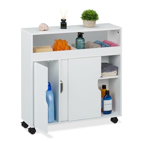 Relaxdays Carrito Auxiliar Estrecho, Armario Puertas Correderas, 71,5 x 70 x20 cm, Mueble Baño y Cocina, MDF, Blanco