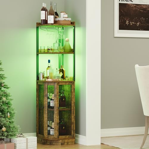 EOYUTLLY Gabinete de barra esquinera con toma de corriente y tira LED, 65 pulgadas de alto, gabinete de exhibición de vino de licor de 5 niveles para el hogar, barra de esquina y solución de