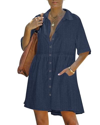 PYGFEMR Women's Summer Dress 2026 Short Sleeve Babydoll Tiered Button Down T Shirts Dresses with Pockets