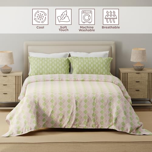Image of Layers 100% Cotton for Double Size Bed | 120 TC Geometric, Soft, Breathable, Machine Washable Bedsheet with 2 Pillow Covers | Forever Collection (224 x 254 cm) - Pink & Green