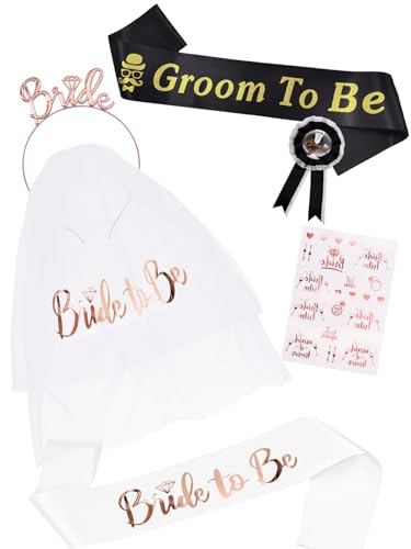 Hen Party Bride to Be Groom to Be Sash Badge Set, Stag Do Hen Do Party Bride Sash Tiara Tattoo Veil for Bachelorette Bridal Shower Wedding Party Decorations (White sash Rose Set)