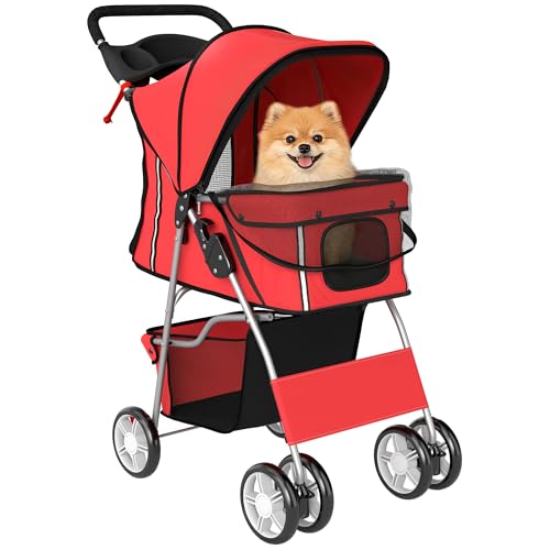 Poussette Buggy Pliable Animaux, Chariot Pliante Imperméable pour Chien et Chat, Toit Amovible Incluse, Porte-Gobelet, Panier de Rangement, Roues avec Frein,...
