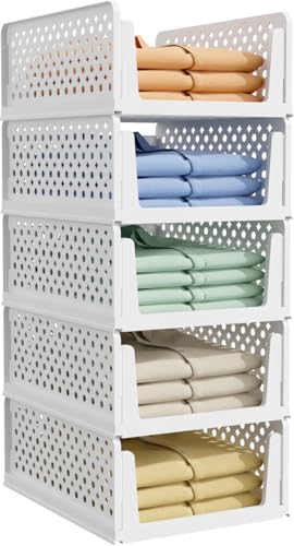 Kitsure 5-Pack Closet Organizers & Storage - Stackable Foldable Plastic Storage Drawers,Space-Saving Multi-Purpose Closet Storage Containers for Wardrobe, Bedroom or Laundry Room 16.7' x 12.9' x 6.6'