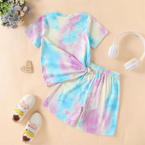 Image of Kids Girl Clothes Tie Dye Heart Print Short Sleeve Top and Shorts Toddler Girl Summer Outfits Short Set