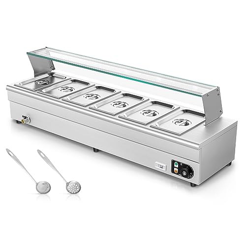 Commercial Food Warmer 110v 1500w Electric Stainless Steel Bain Steam Table Food Warmer with Large Capacity Pans for Catering and Parties Restaurants Business Occasion (6 Pan)