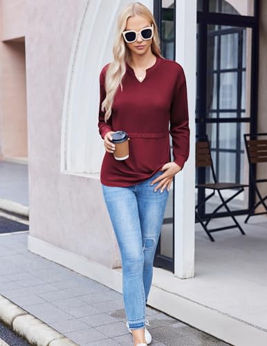 Women Waffle Knit Tops Fall V Neck Tunic Fashion Splicing Blouses Solid Color Long Sleeves Tops3
