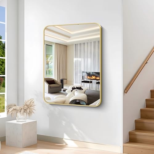 Image of 36 inchx48 inch Bathroom Mirror, Gold Rectangle Mirror, Large Rectangular Wall Mirror, Rounded Corner Vanity Mirror with Aluminum Metal Frame for Bathroom Bedroom Living Room Horizontal /Vertical